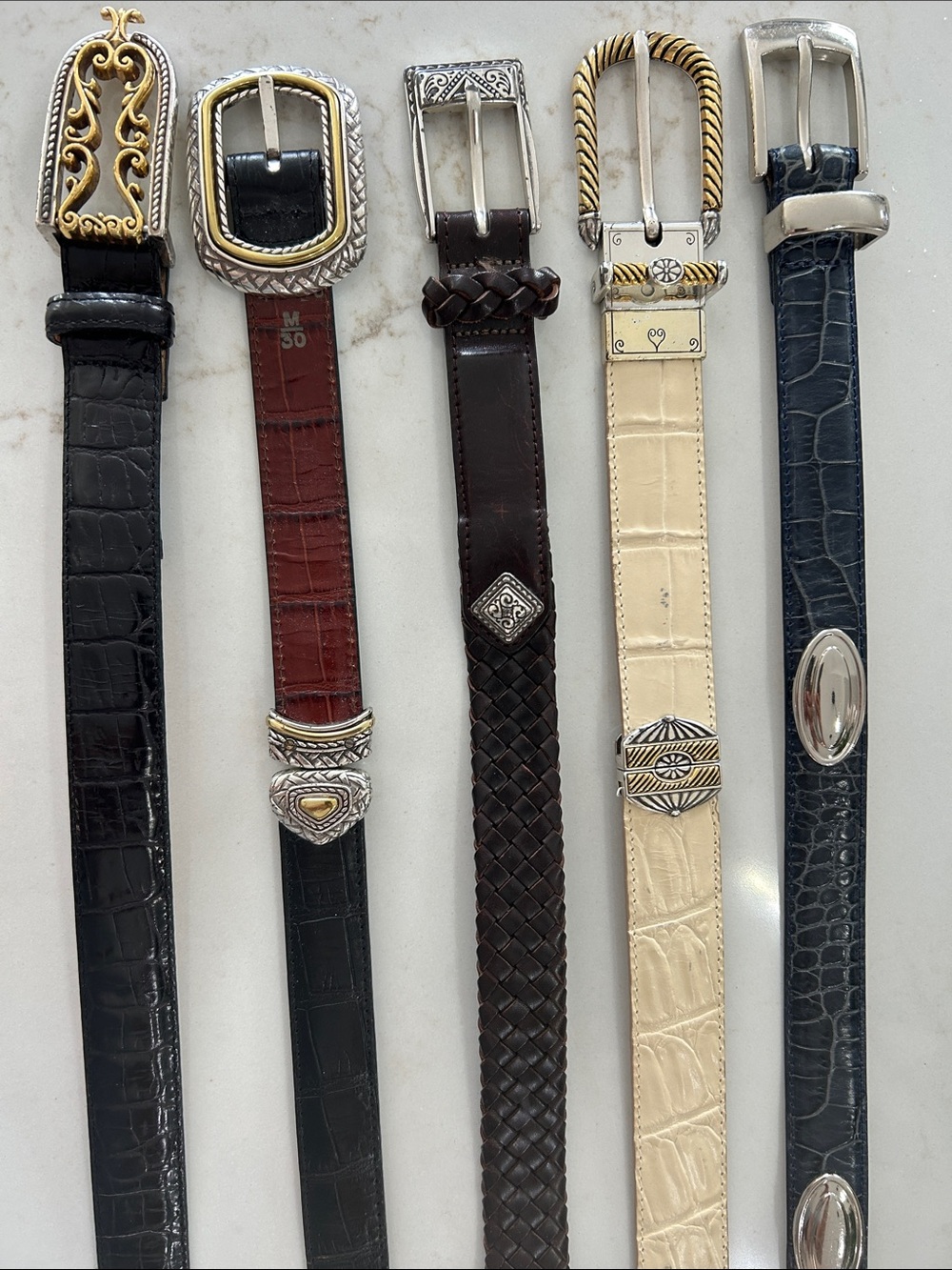 5 Brighton leather Belts. Set of different colours and styles.